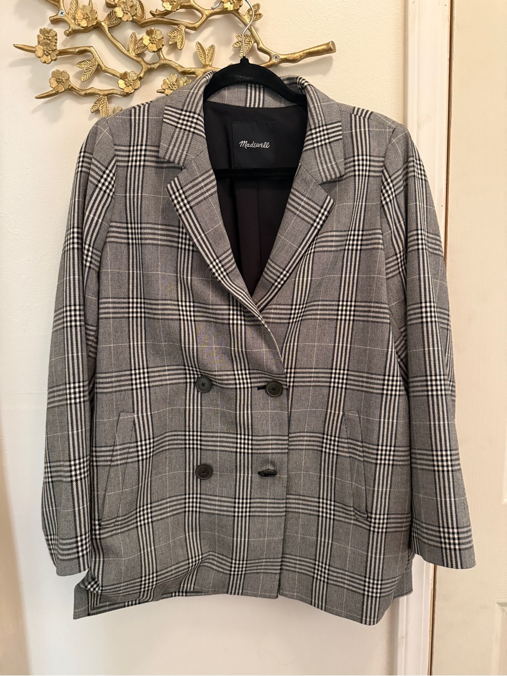 Madewell Gray Plaid Double-Breasted Blazer